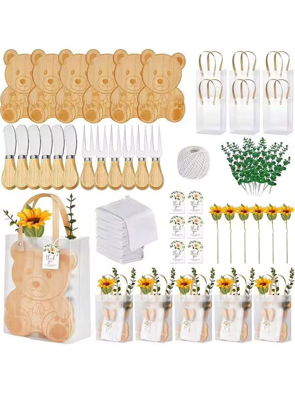 55pcs/6sets Cheeseboard Set,Holiday Party Gift. Featuring Adorable Bear And Clothing-Shaped Cheeseboards, This Set Includes A Cheeseboard, Spoon, Butter Spatula, Gift Bag, And Kitchen Towel For Weddings, Baby Showers, And Holiday Parties