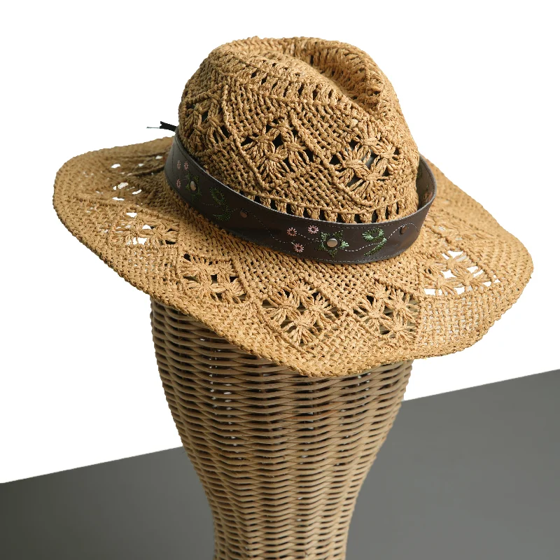 Chokore Handcrafted Straw Cowboy Hat with Embroidered Belt (Khaki)