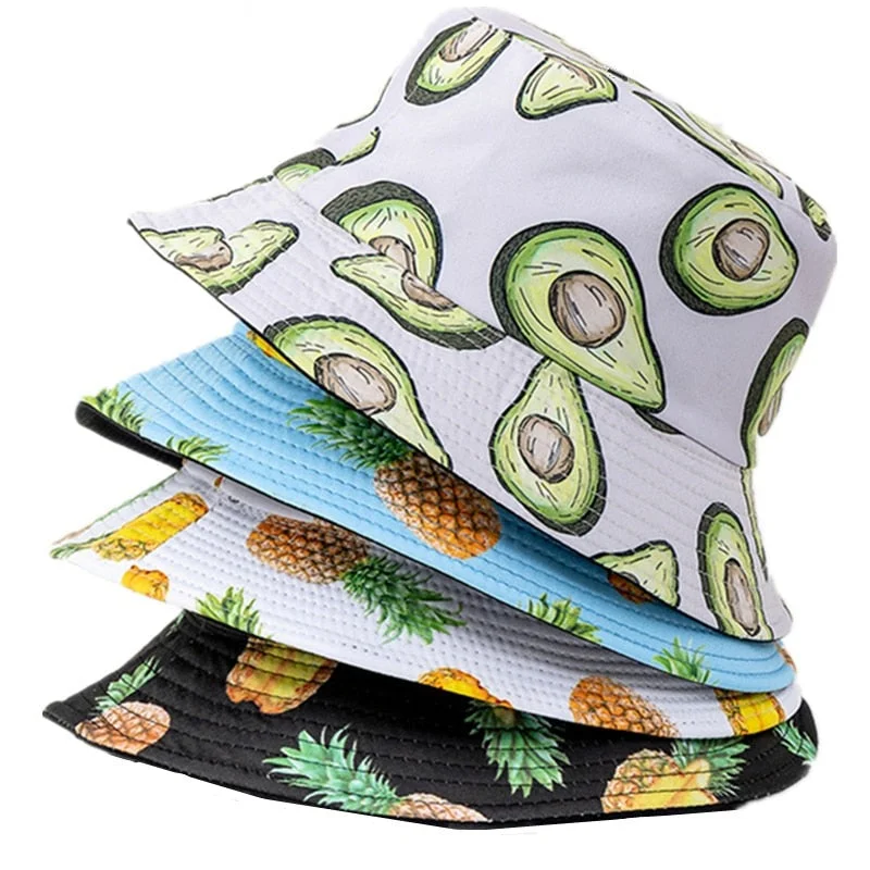 Double-sided Wear Fruit Printing Women Cap Outdoor Sun Hat Bucket Hat