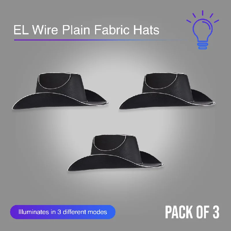 Black EL Wire Light Up Plain Fabric Cowboy Hat - Pack of 3 Hats