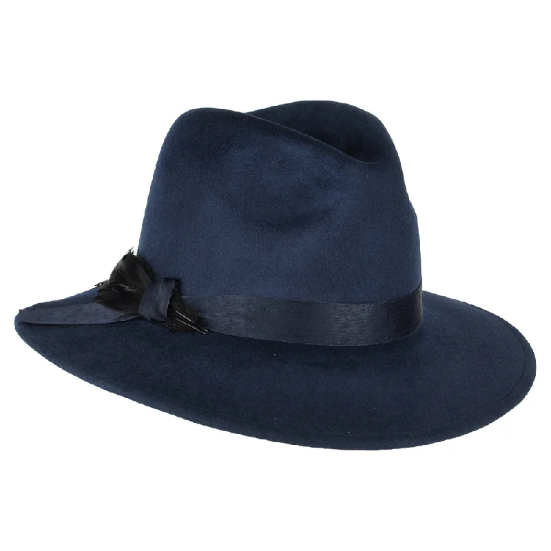 Failsworth Hats Showerproof Wool Felt Fedora Hat With Feather - Navy Blue