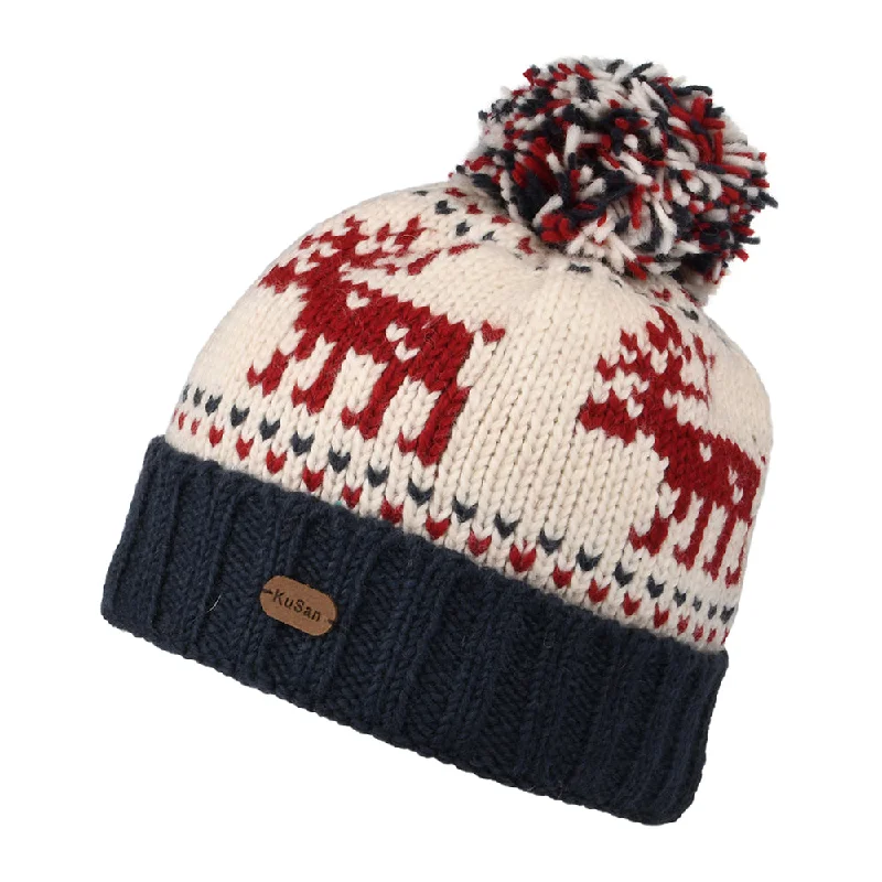 Kusan Reindeer Turn Up Bobble Hat - Navy-Cream