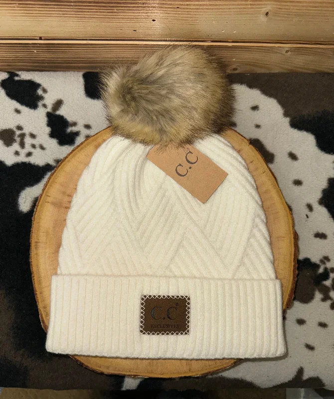 Large Patch Heathered Pom Beanie