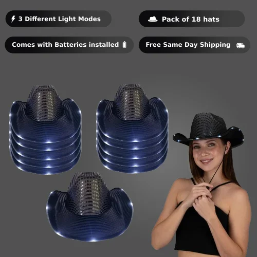 LED Light Up Flashing Sequin Black Cowboy Hat - Pack of 18 Hats