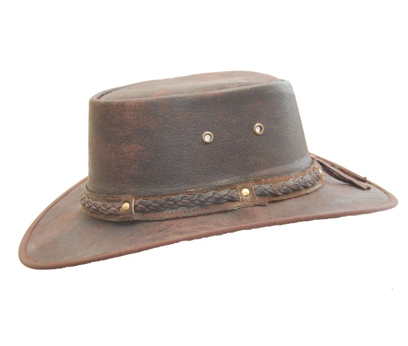 New Kids Real Distressed Leather Foldaway Australian Style Bush Hat Brown