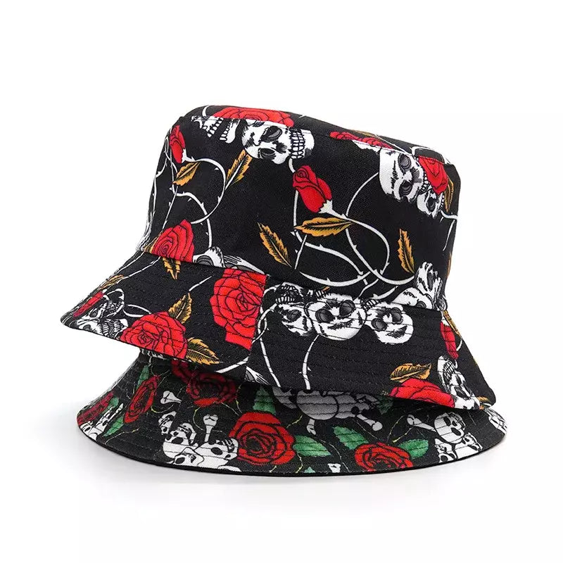 Skulls & Roses Reversible Black Bucket Hat