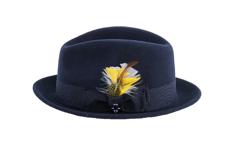 Ferrecci Brooks Soft 100% Australian Wool Felt Body With Removable Feather Fully Crushable Navy Blue Hat Great For Travel.