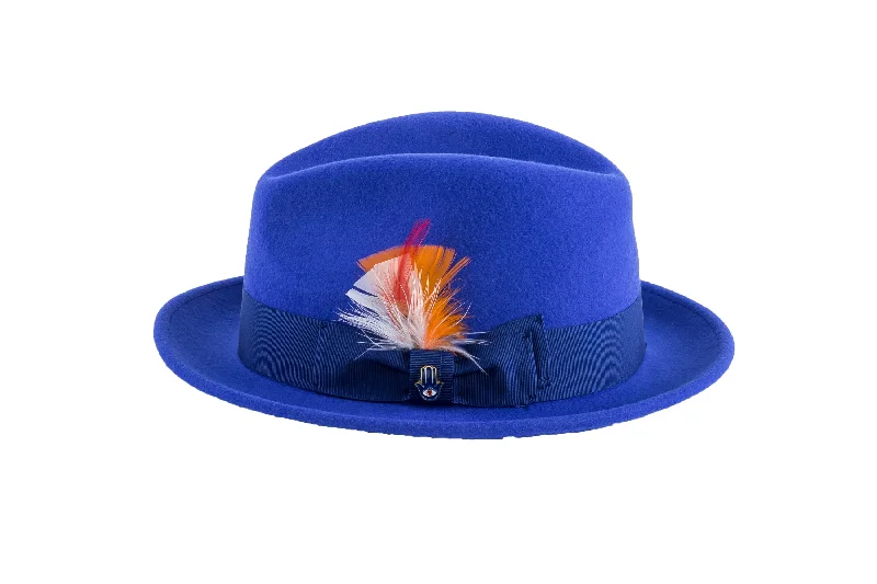 Ferrecci Brooks Soft 100% Australian Wool Felt Body With Removable Feather Fully Crushable Royal Blue Hat Great For Travel.