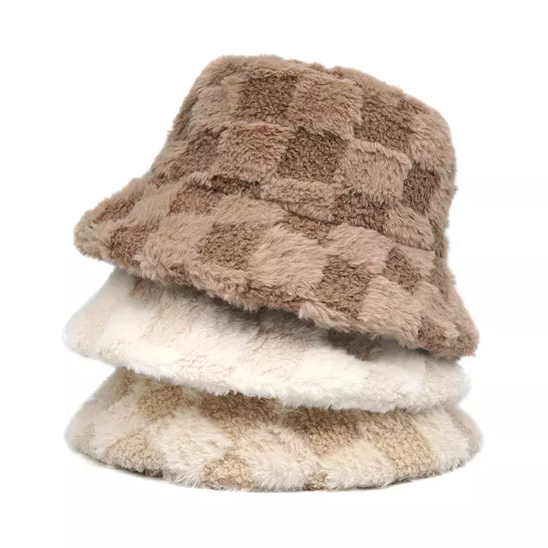 Vintage Plaid Fur Bucket Hat