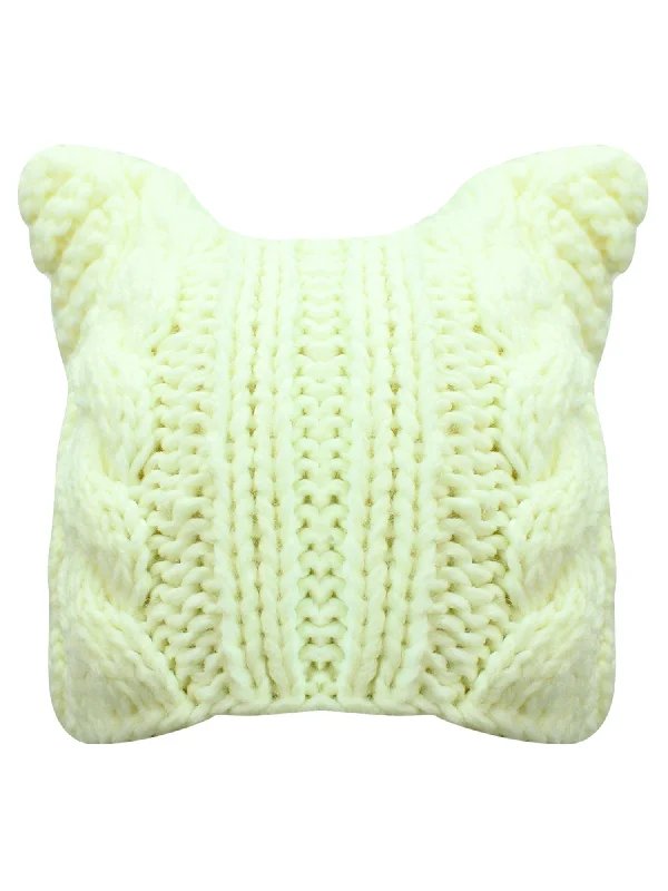 Ivory White Thick Cable Knit Beanie Hat With Pussy Cat Ears