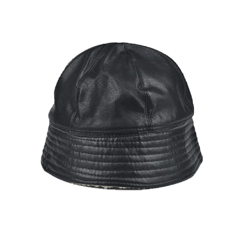 Winter Hats For Women Black PU Bucket Hat Streetwear Plus Velvet Caps