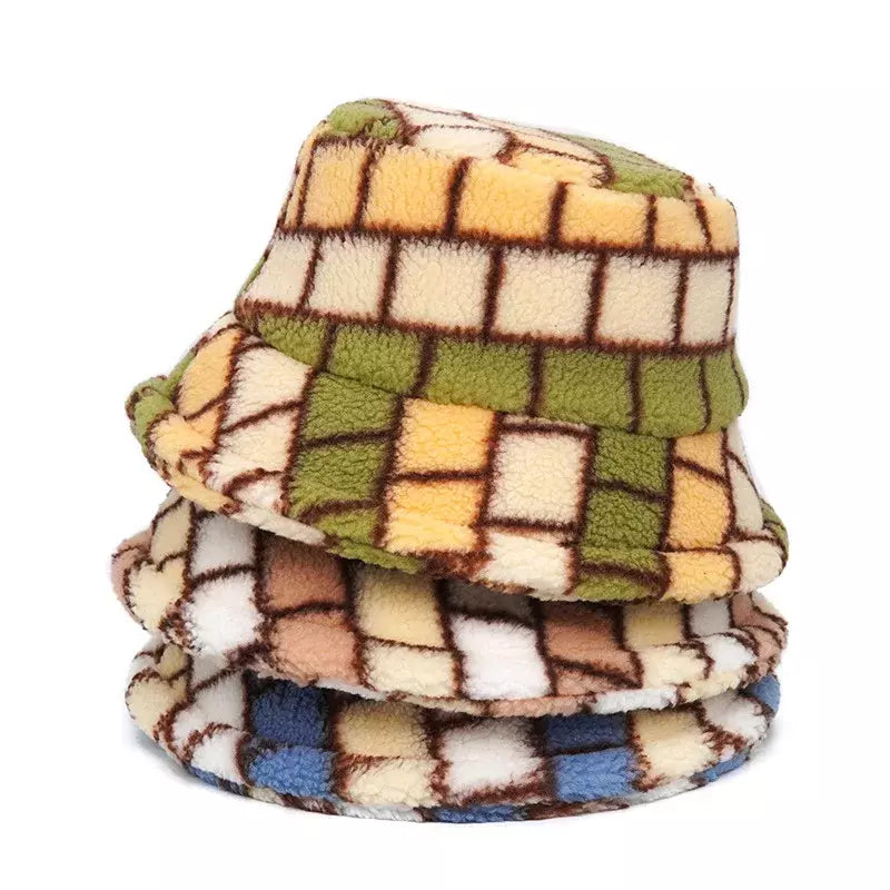 Winter Plaid Fur Bucket Hat